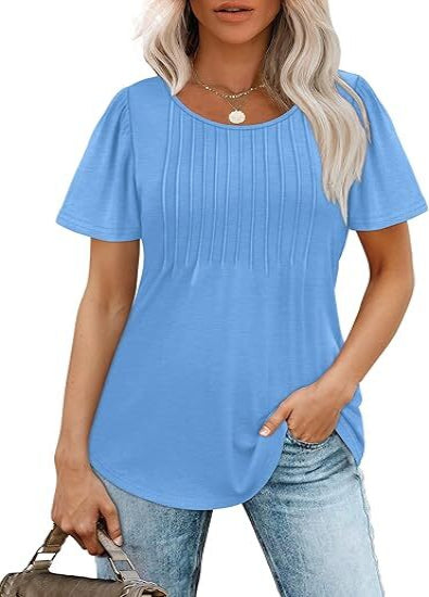 💝💝Womens T Shirts Short Sleeve Pleated Dressy Casual Scooped Neck Summer Tops Blouses