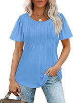 💝💝Womens T Shirts Short Sleeve Pleated Dressy Casual Scooped Neck Summer Tops Blouses