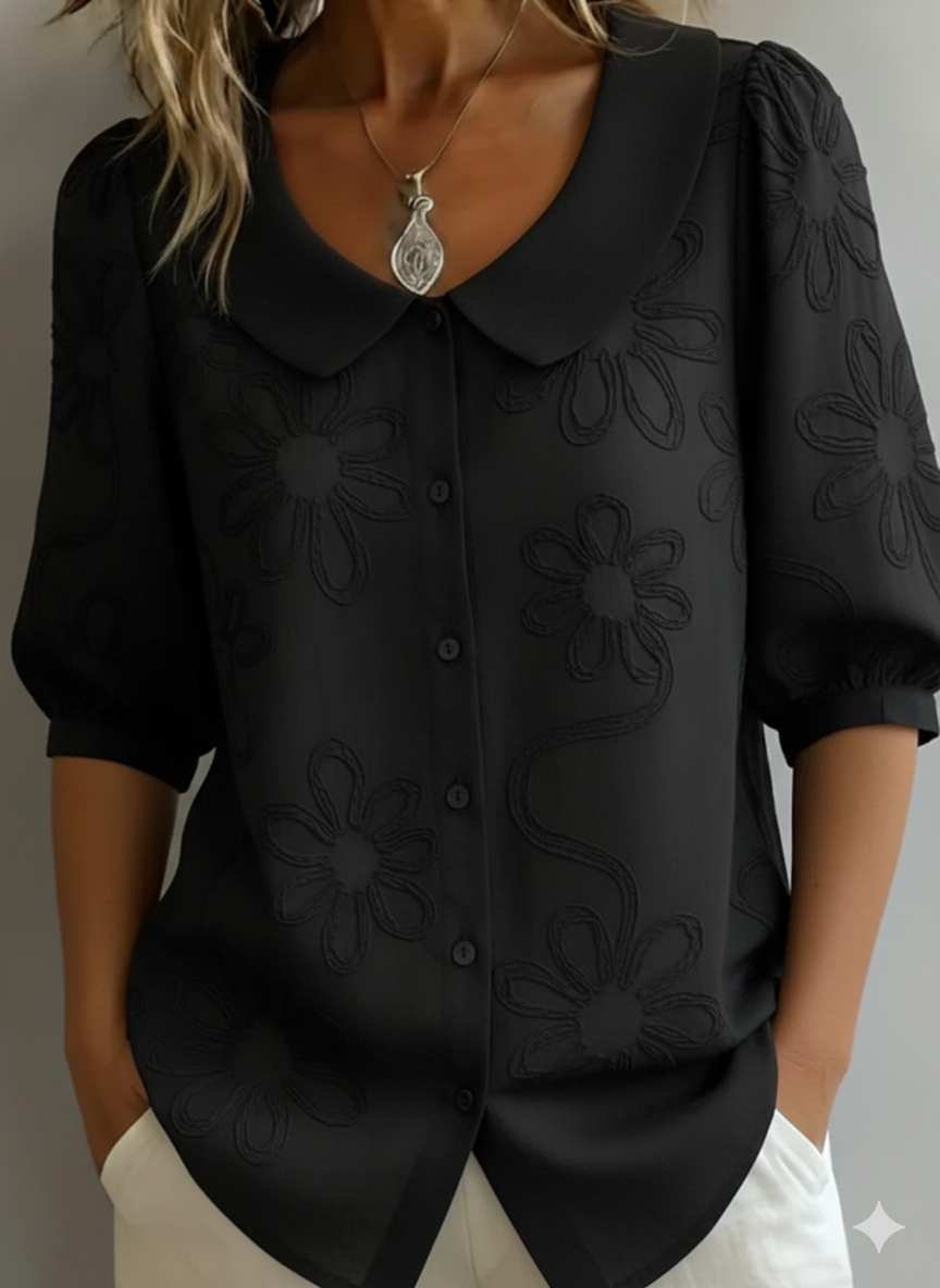 Vintage shirt with a stand-up collar and embroidered flowers