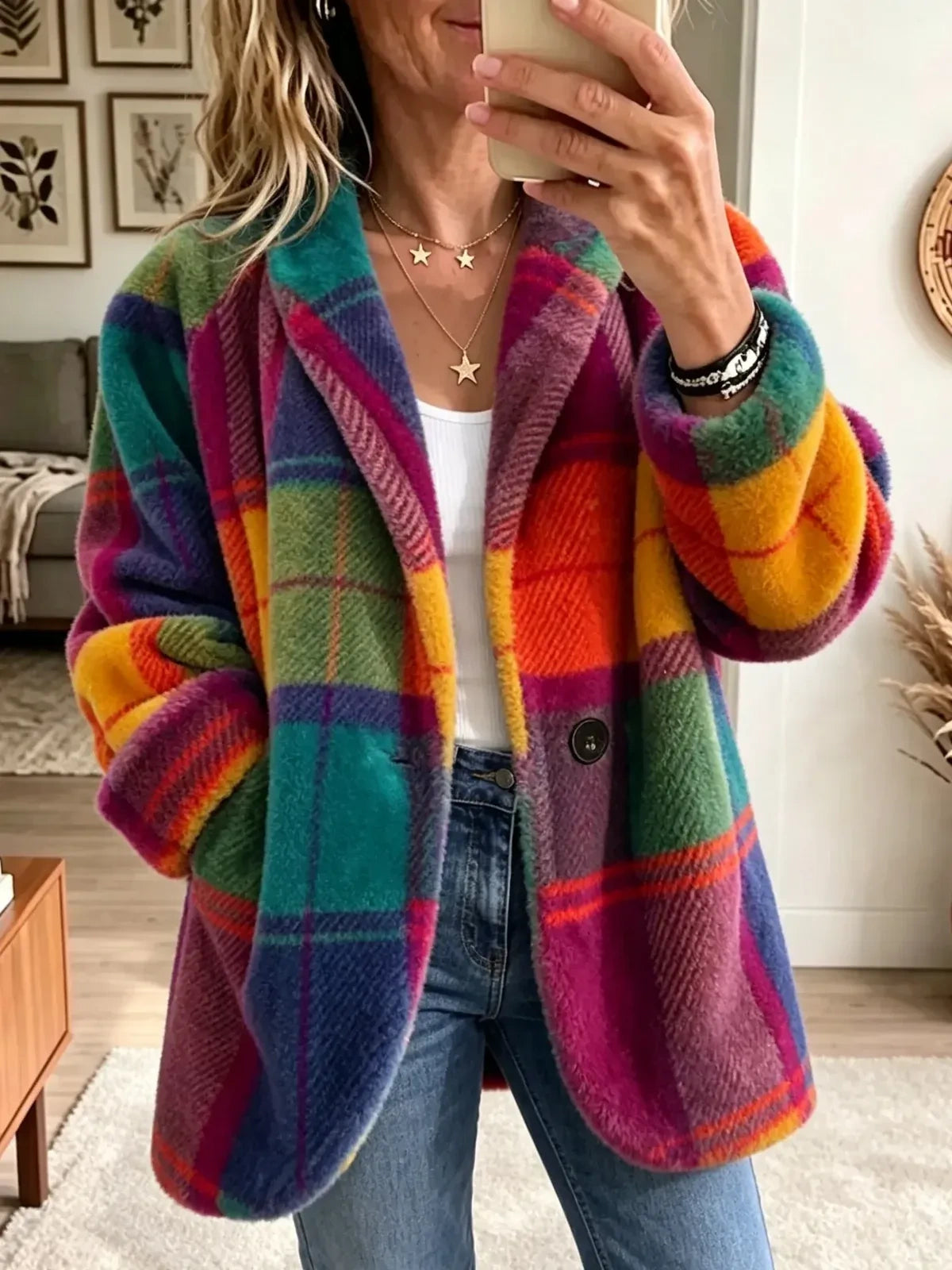 Brightly colored plaid fleece coat