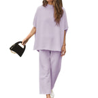 💝💝Women's 2-Piece Casual Trendy Clothing Set - 3/4 Batwing Sleeve Capelet Crew Neck Pullover Top&Wide Leg Pants
