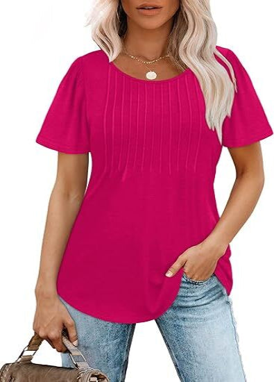 💝💝Womens T Shirts Short Sleeve Pleated Dressy Casual Scooped Neck Summer Tops Blouses