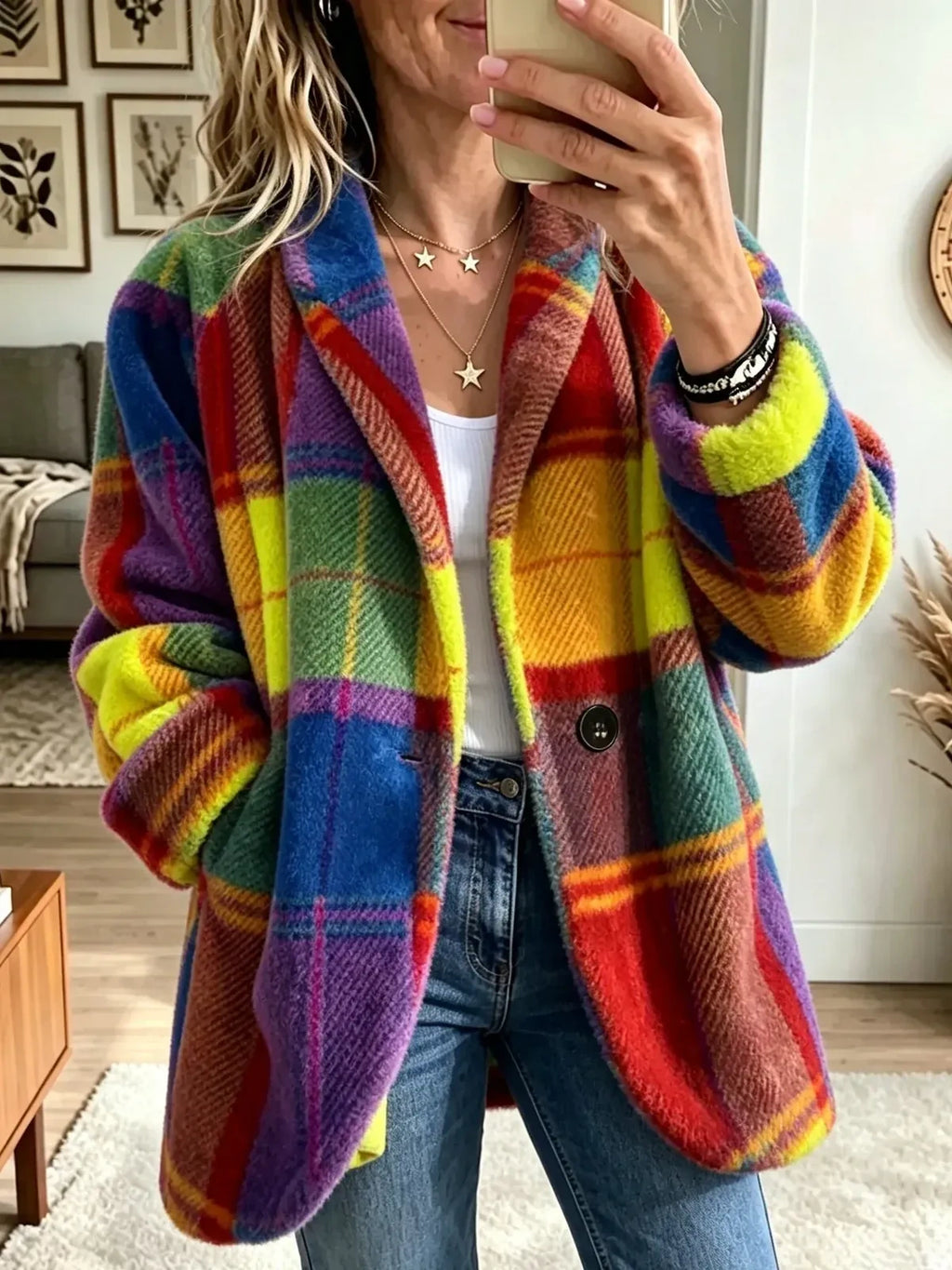 Brightly colored plaid fleece coat