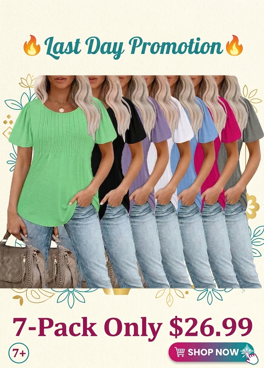 💝💝Womens T Shirts Short Sleeve Pleated Dressy Casual Scooped Neck Summer Tops Blouses