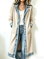 Western Boho Denim‑Knit Spliced Long Cardigan