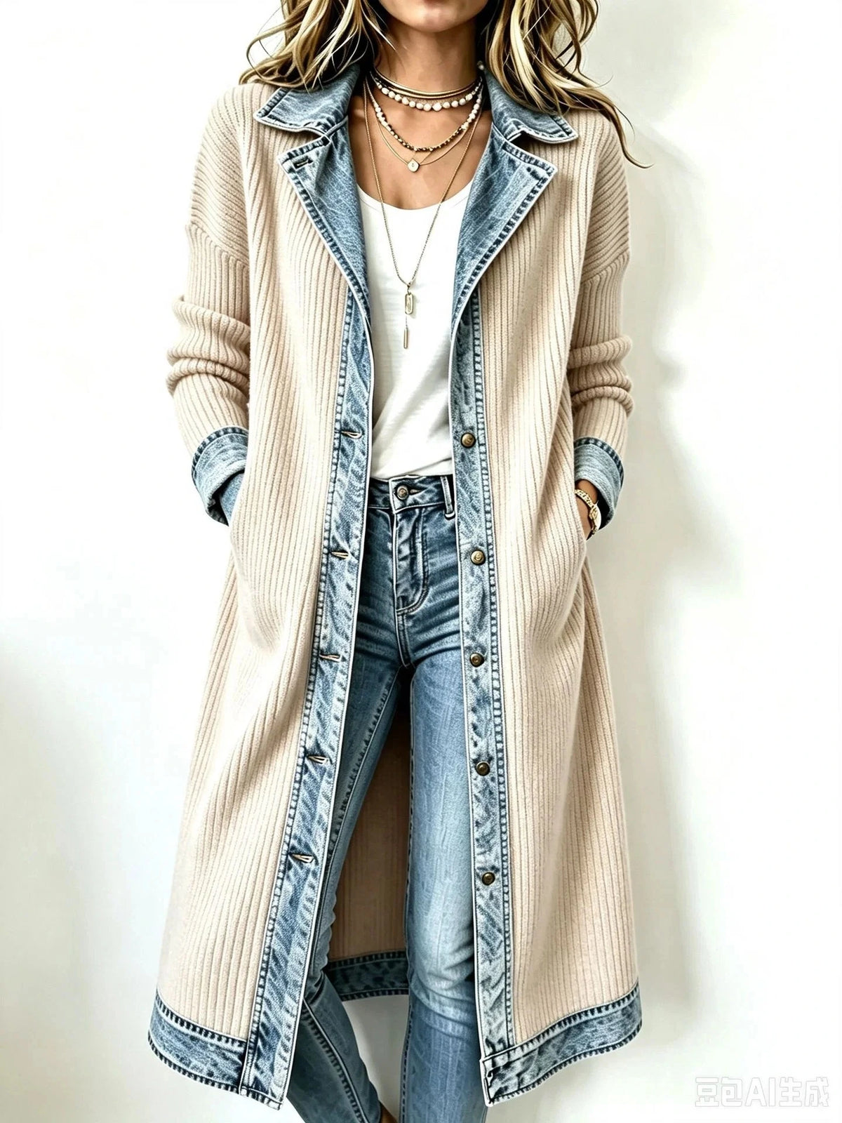 Western Boho Denim‑Knit Spliced Long Cardigan
