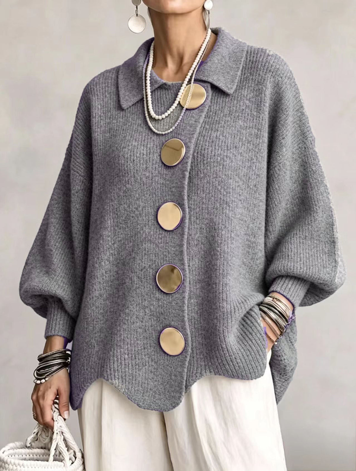 💝💝Oversized Collared Knit Cardigan With Large Metal Buttons
