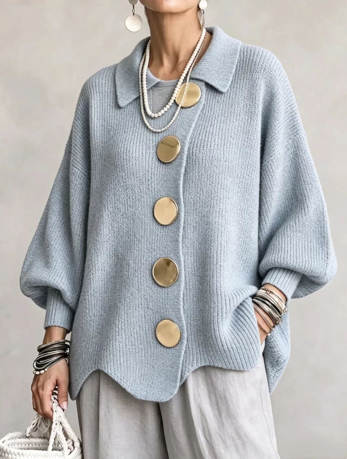 💝💝Oversized Collared Knit Cardigan With Large Metal Buttons