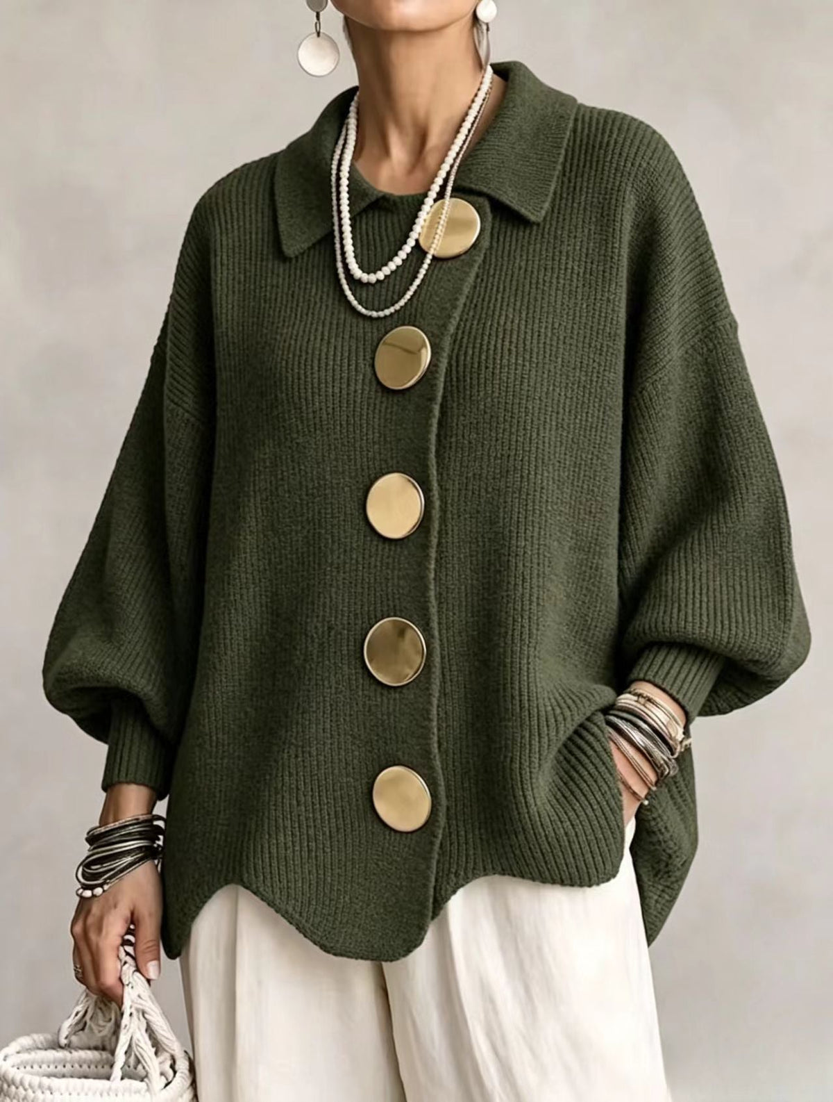 💝💝Oversized Collared Knit Cardigan With Large Metal Buttons