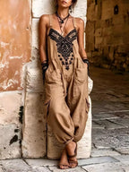 💝💝Women's V-neck Sleeveless Wide-leg Jumpsuit — Casual, Loose-fit Cotton-linen Blend With Placement Print