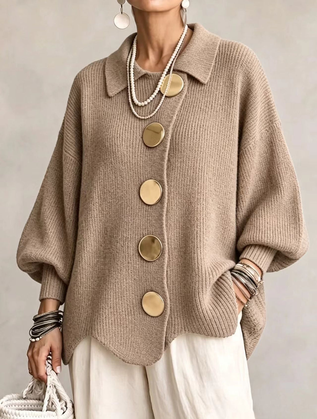 💝💝Oversized Collared Knit Cardigan With Large Metal Buttons