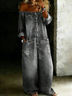 💝💝Women's Casual Long-sleeved Washed Cotton Denim Jumpsuit