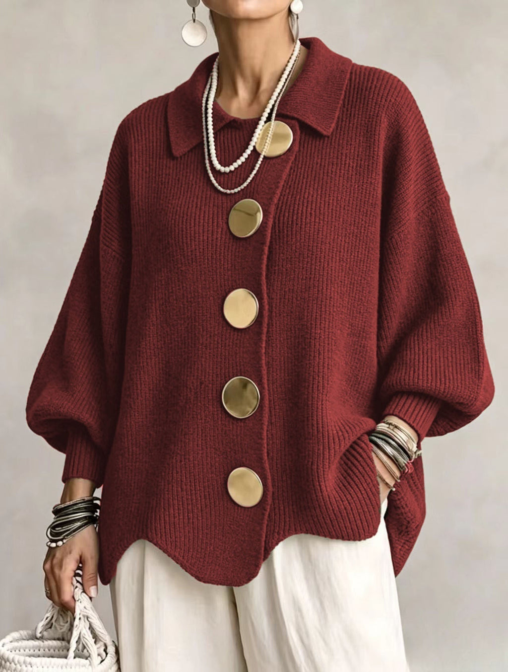 💝💝Oversized Collared Knit Cardigan With Large Metal Buttons