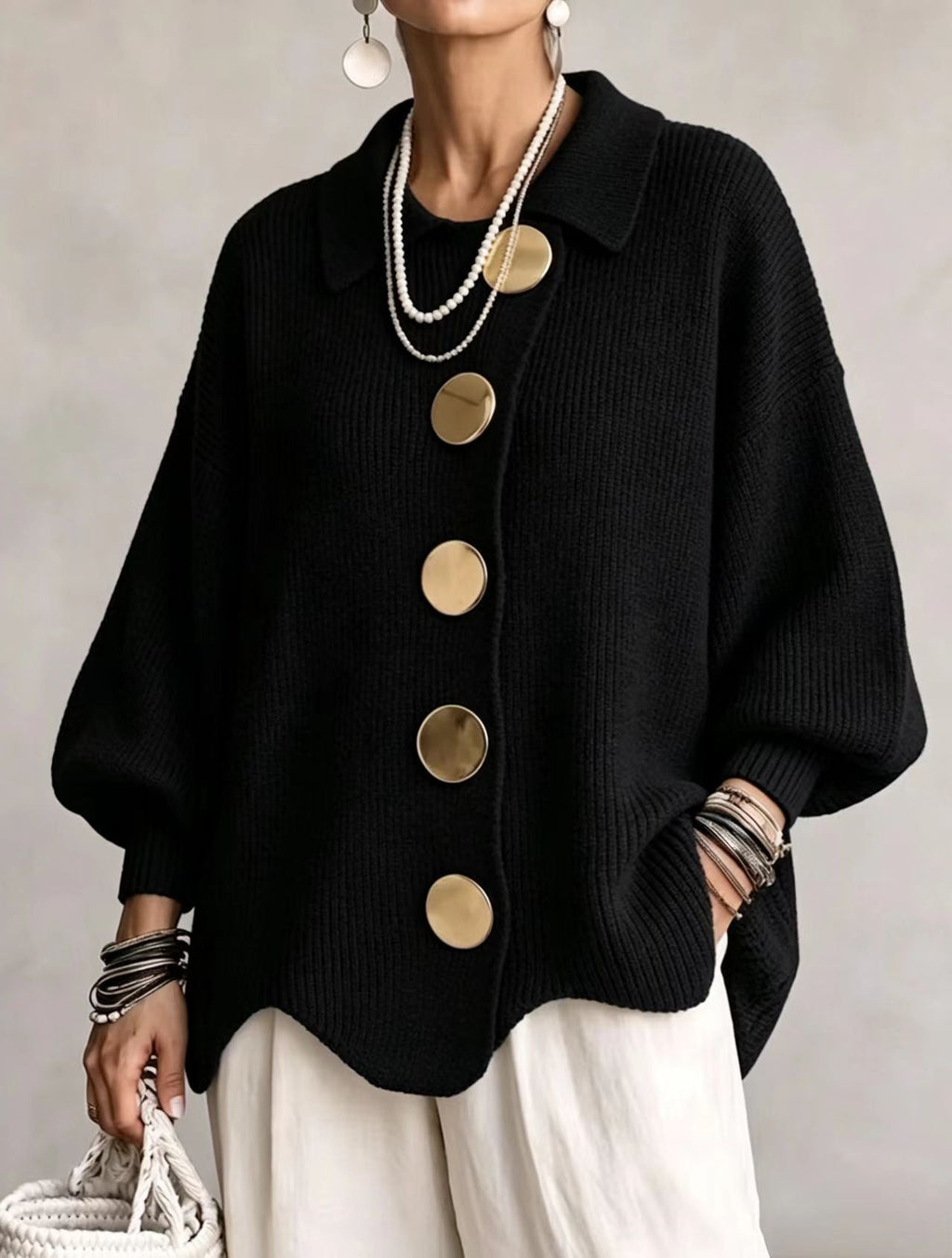 💝💝Oversized Collared Knit Cardigan With Large Metal Buttons