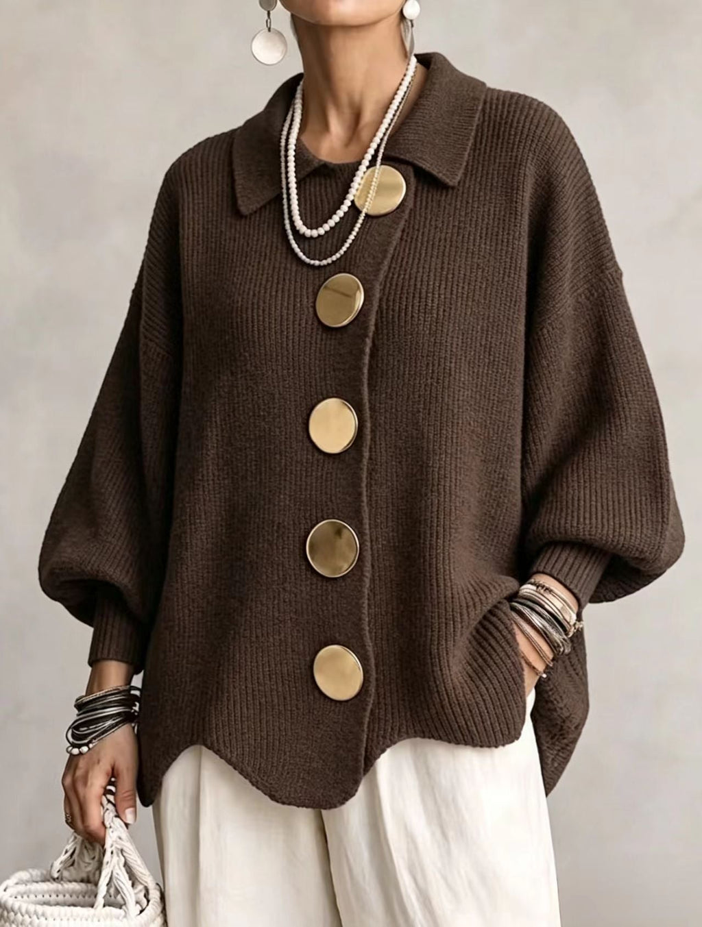 💝💝Oversized Collared Knit Cardigan With Large Metal Buttons