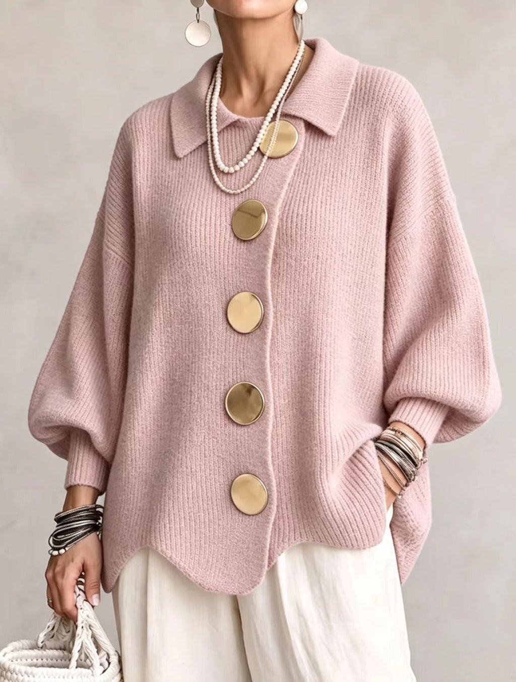 💝💝Oversized Collared Knit Cardigan With Large Metal Buttons