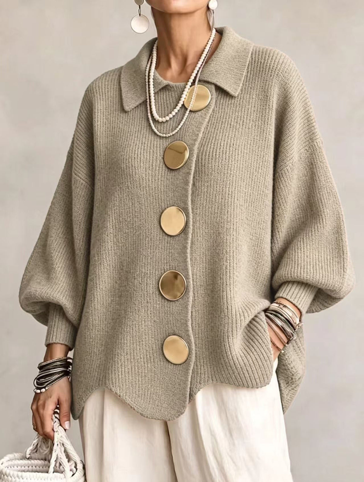 💝💝Oversized Collared Knit Cardigan With Large Metal Buttons