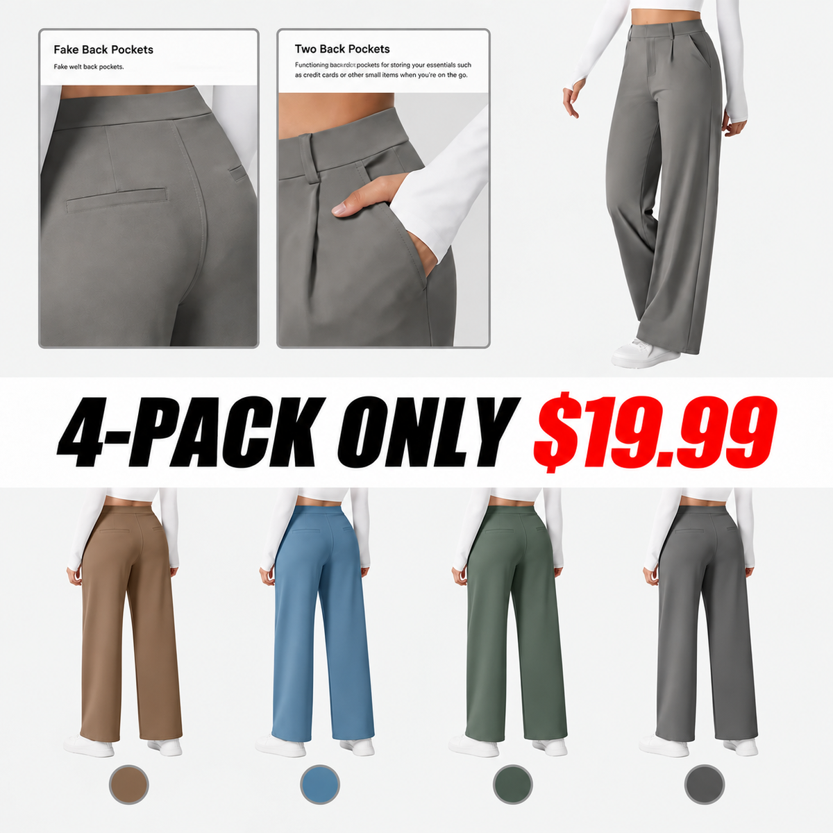 💝💝Limited-Time Promotion-High Waisted Plicated Side Pocket Straight Leg Work Pants