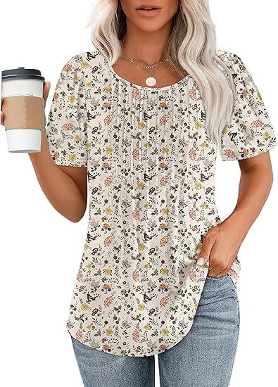 💝💝Womens T Shirts Short Sleeve Pleated Dressy Casual Scooped Neck Summer Tops Blouses