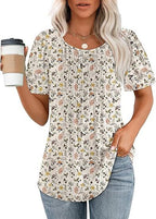 💝💝Womens T Shirts Short Sleeve Pleated Dressy Casual Scooped Neck Summer Tops Blouses