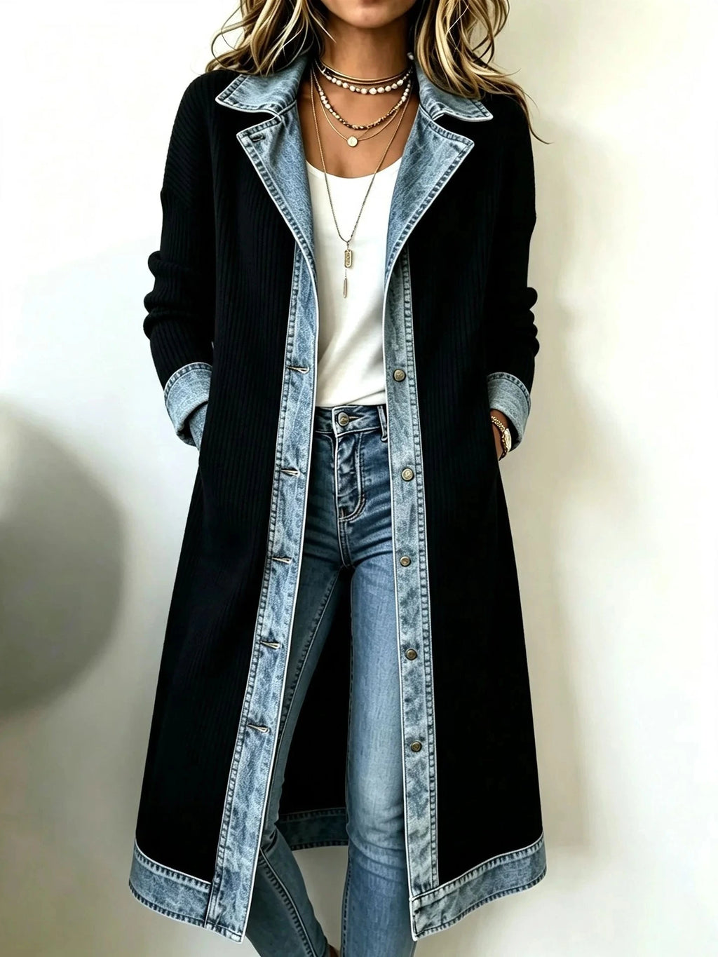 Western Boho Denim‑Knit Spliced Long Cardigan