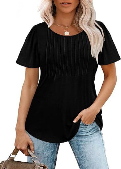 💝💝Womens T Shirts Short Sleeve Pleated Dressy Casual Scooped Neck Summer Tops Blouses