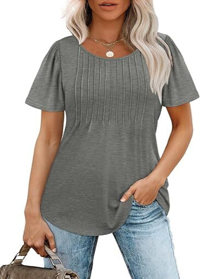 💝💝Womens T Shirts Short Sleeve Pleated Dressy Casual Scooped Neck Summer Tops Blouses
