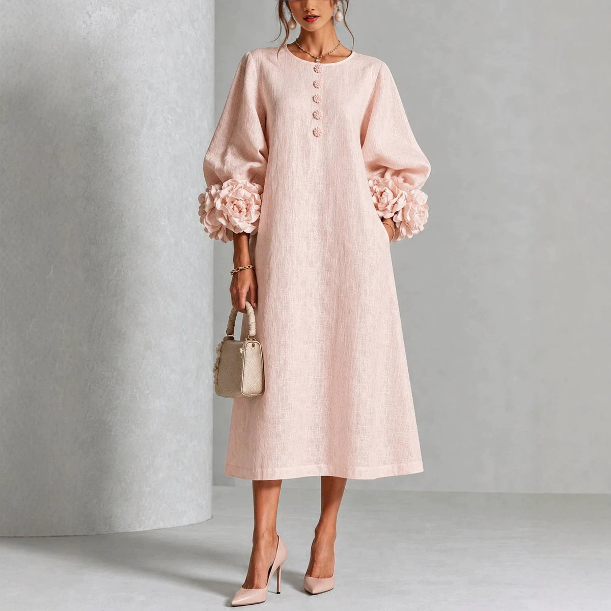 💝💝Floral Midi Dress with Rose-Cuff Sleeves