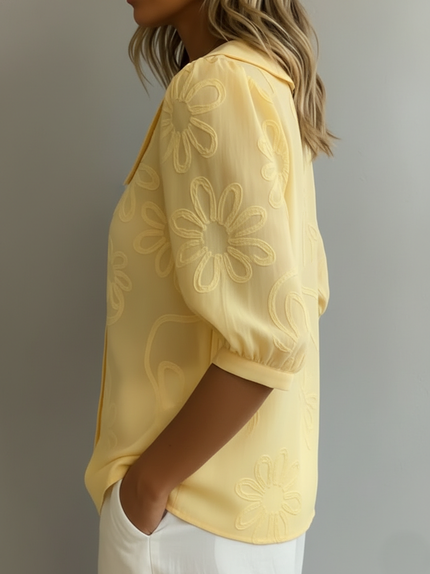 Vintage shirt with a stand-up collar and embroidered flowers