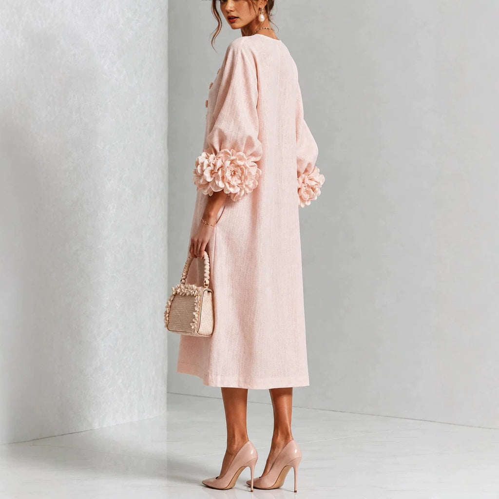 💝💝Floral Midi Dress with Rose-Cuff Sleeves