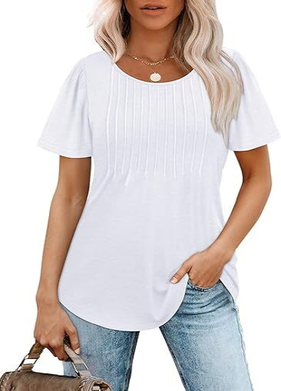 💝💝Womens T Shirts Short Sleeve Pleated Dressy Casual Scooped Neck Summer Tops Blouses