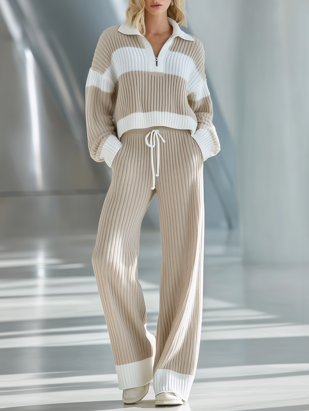 💝💝Women's Beige And White Striped Knitted Collared Half-zip Casual Set