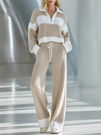 💝💝Women's Beige And White Striped Knitted Collared Half-zip Casual Set