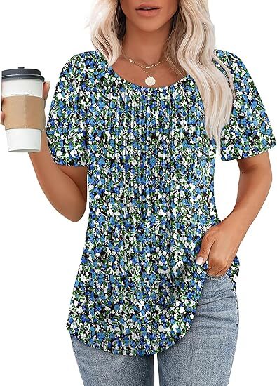 💝💝Womens T Shirts Short Sleeve Pleated Dressy Casual Scooped Neck Summer Tops Blouses