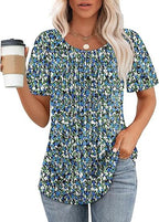 💝💝Womens T Shirts Short Sleeve Pleated Dressy Casual Scooped Neck Summer Tops Blouses