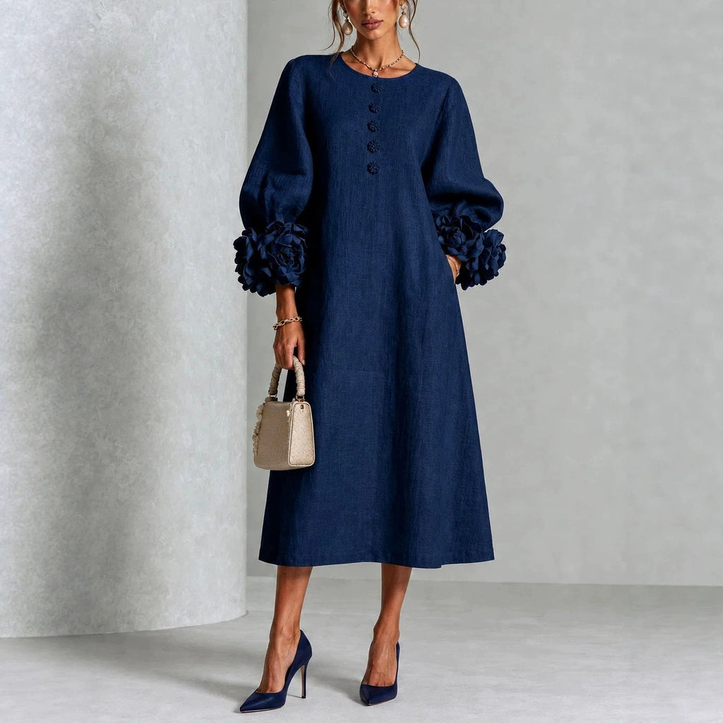 IVY | Floral Midi Dress with Rose-Cuff Sleeves – Easy Wear