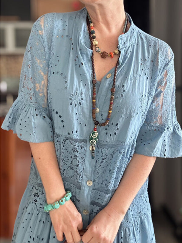 CLEARANCE🔥 Lace Ruffle Sleeve Shirt Dress