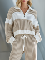 💝💝Women's Beige And White Striped Knitted Collared Half-zip Casual Set