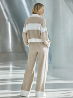 💝💝Women's Beige And White Striped Knitted Collared Half-zip Casual Set