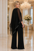 💝💝Beaded Chiffon Cape Formal Pant Suit with Wide Legs