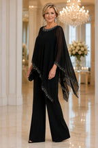 💝💝Beaded Chiffon Cape Formal Pant Suit with Wide Legs