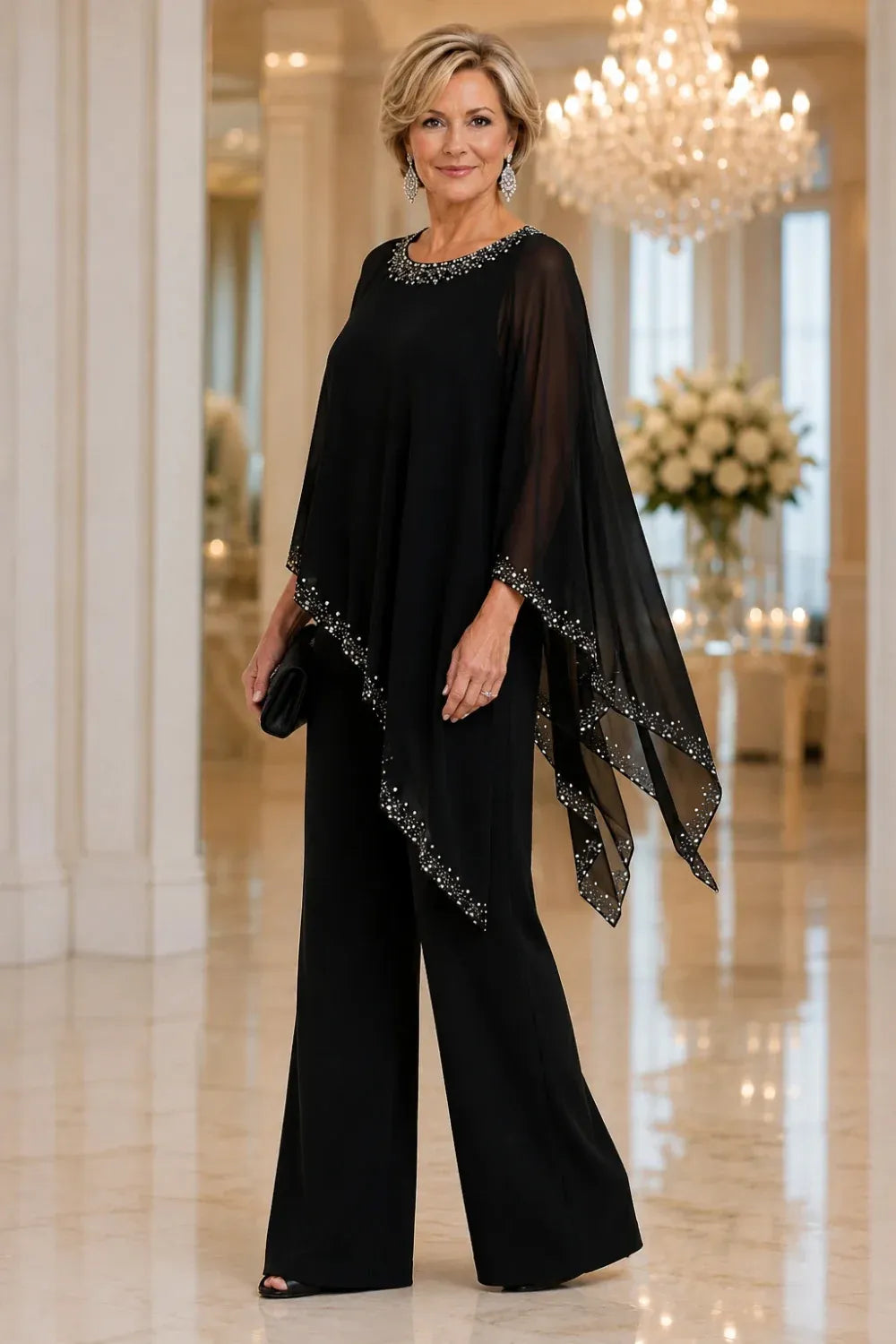 💝💝Beaded Chiffon Cape Formal Pant Suit with Wide Legs