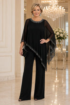 💝💝Beaded Chiffon Cape Formal Pant Suit with Wide Legs