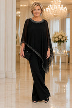 💝💝Beaded Chiffon Cape Formal Pant Suit with Wide Legs