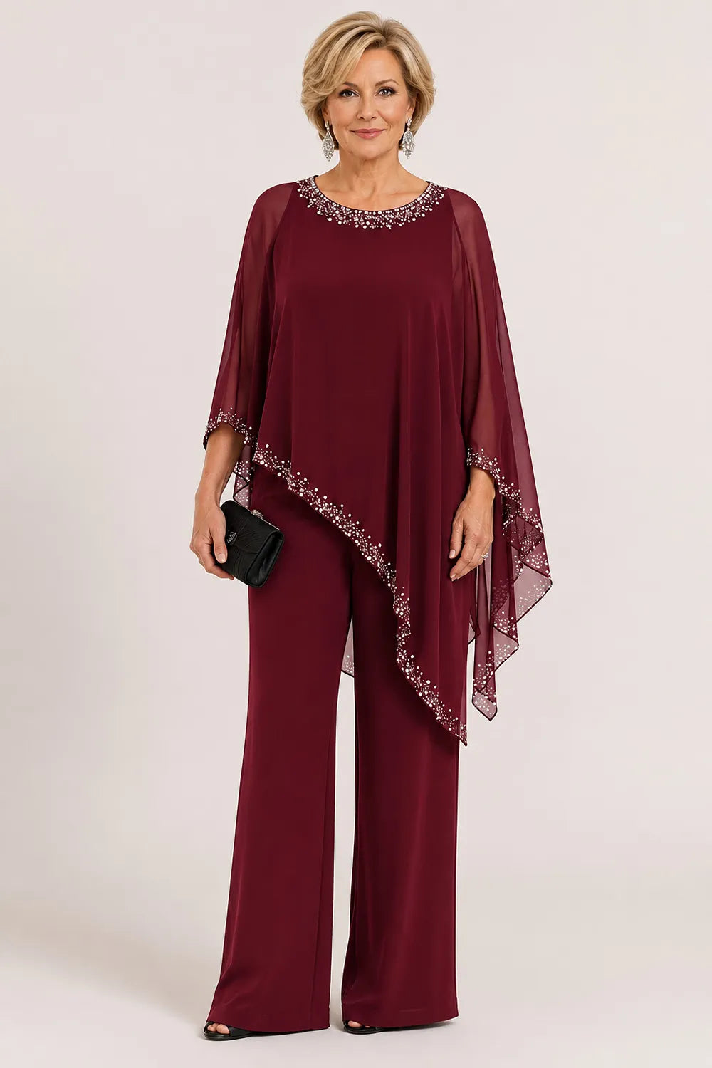 💝💝Beaded Chiffon Cape Formal Pant Suit with Wide Legs