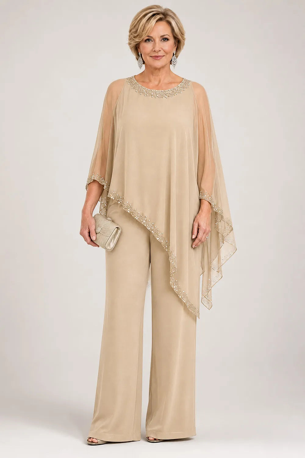 💝💝Beaded Chiffon Cape Formal Pant Suit with Wide Legs