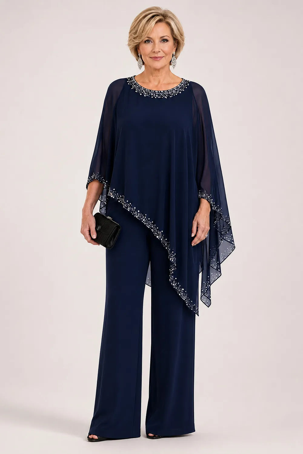 💝💝Beaded Chiffon Cape Formal Pant Suit with Wide Legs