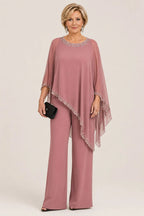 💝💝Beaded Chiffon Cape Formal Pant Suit with Wide Legs