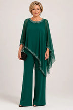 💝💝Beaded Chiffon Cape Formal Pant Suit with Wide Legs