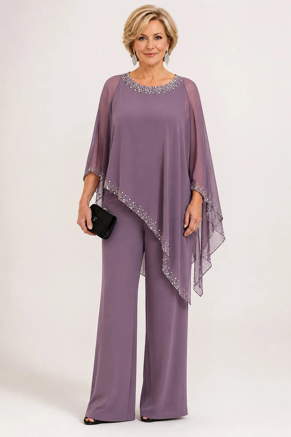 💝💝Beaded Chiffon Cape Formal Pant Suit with Wide Legs